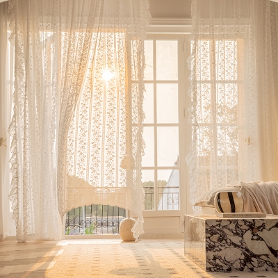 White Floral Lace Ruffle Custom Sheer Curtains