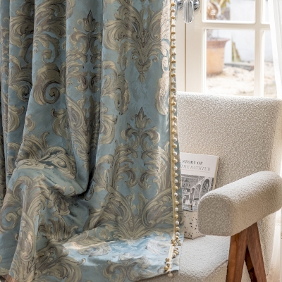 Rideau Sur Mesure FLOR, Tissu Jacquard Bleu à Motif Feuillage Sculpté en Relief