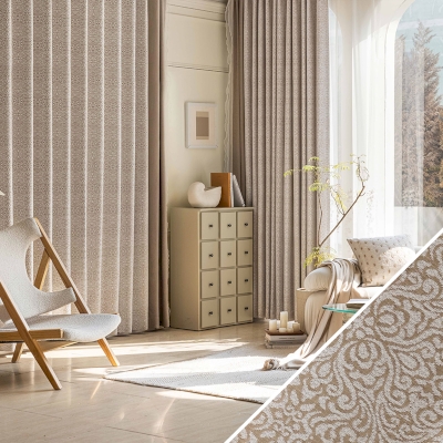 Custom Cotton Linen Brown Curve Pattern Pearly Lace Curtain