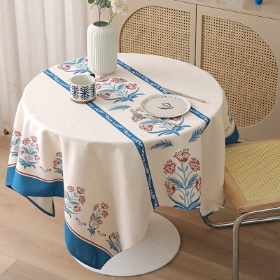 Floral Print Wide Hem Faux Linen Tablecloth, Rectangle Tablecloths, Square Tablecloths
