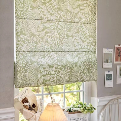 Custom Cotton-Linen Roman Shades with Green Leaf Pattern