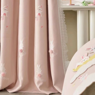 Rideau Enfant Lapin Rose en Coton Lin avec Broderie et Queue en Pompons