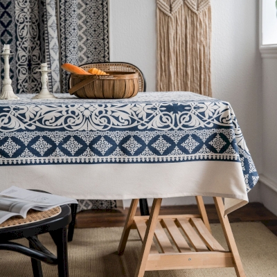 Nappe de Table Azur, Bleu et Blanc, Motifs Géométriques