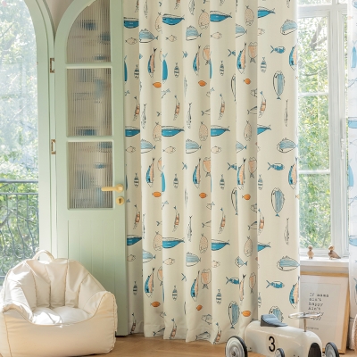 Rideaux Océanique, Tissu Chenille Occultant, Motif Banc de Poissons Marins