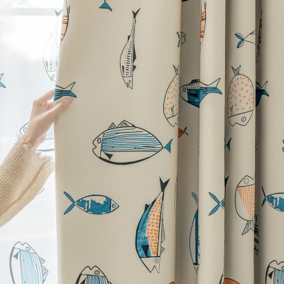 Rideaux Océanique, Tissu Chenille Occultant, Motif Banc de Poissons Marins