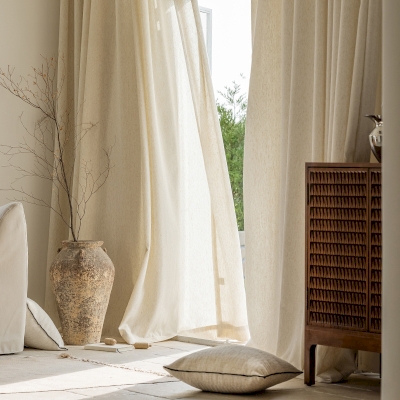 Voilage MANADE, Tissu Effet Lin, Uni Kaki Naturel