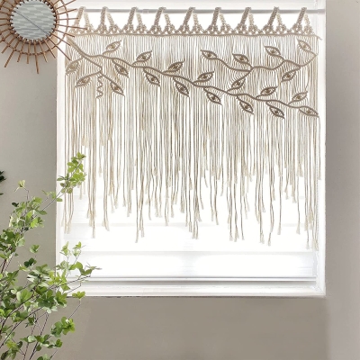 Rideau Macramé Bohème, Feuilles en Tissage Manuel, pour Fenêtre ou Porte
