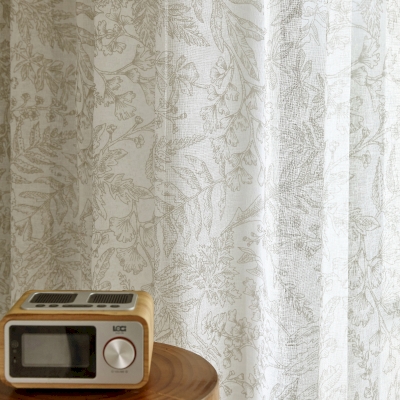 LILOU Brown Botanical Sketch Linen-Texture Custom Sheer Curtains
