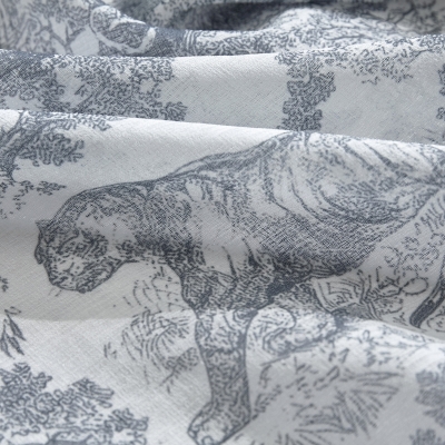 Voilage ANDEA Sur Mesure, Tissu en Fibres de Lin, Motif Toile de Jouy Style Animalier Bleu