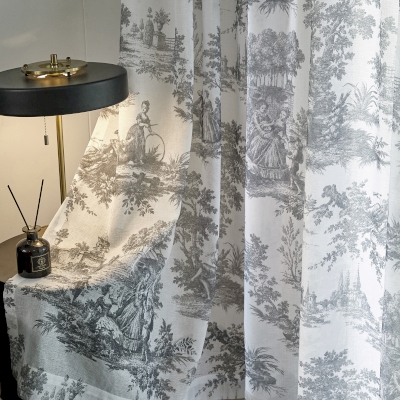 Voilage NOLAN Sur Mesure, Tissu en Fibres de Lin, Motif Toile de Jouy Gris
