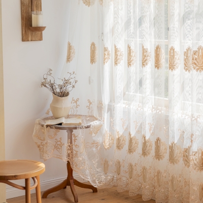 PLENISE Gold Arabesque Floral Embroidered Sheer Curtains