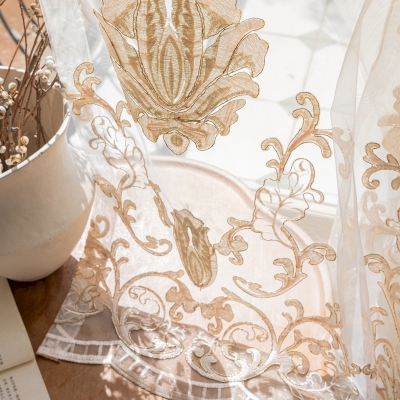 PLENISE Gold Arabesque Floral Embroidered Sheer Curtains