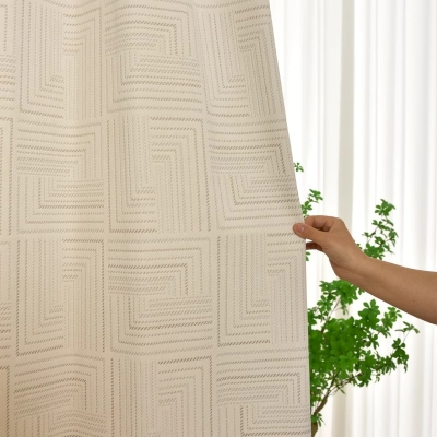 Rideau Occultant BOSTON, Chenille Fabric, Tissu Carré Jacquard, Rideau Beige