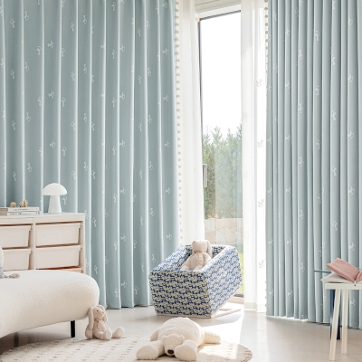 Custom Kids Blackout Curtains, Blue Chenille with Rocking Horse Jacquard Pattern