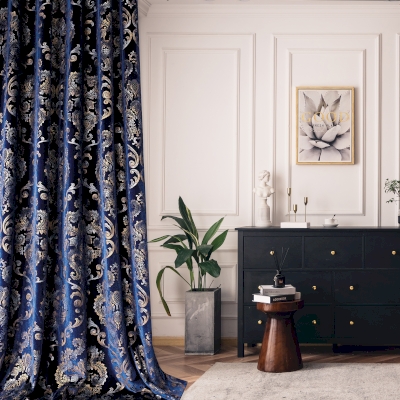 Rideau VALMONT, Tissu Velours, Motif Baroque Doré Luxueux