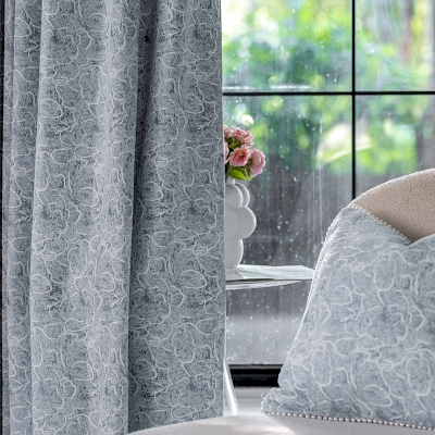Rideau Fleur d'Opale, Tissu Chenille Jacquard, Fleurs Abstraites Bleues