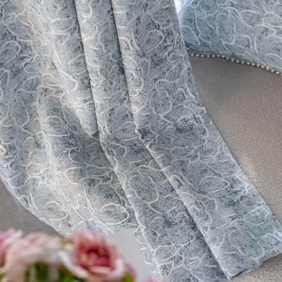 Rideau Fleur d'Opale, Tissu Chenille Jacquard, Fleurs Abstraites Bleues
