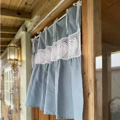 Rideau Brise-Bise en Crochet Cœur Bleu en Mélange Coton-Polyester