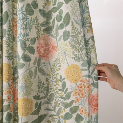 Rideau Sur Mesure Rosalia, Tissu Lin Mélangé, Motif Floral Vintage Peint à la Main