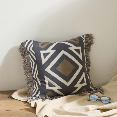 ECHO Cushion Cover, Geometric Pattern Cotton Fabric, Fringed Finish, 45 x 45 cm