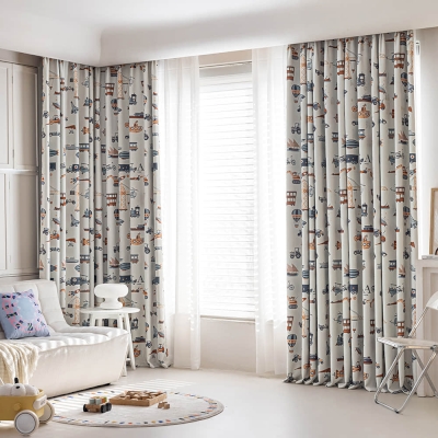 Rideau Enfant Occultant Sur Mesure Lino, Tissu Chenille Imprimé, Motifs Illustrés de Moyens de Transport