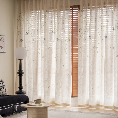 Voilage Chinois FEIYU, Motif Hirondelles & Branches, Effet Lin Naturel, Voilage Sur Mesure