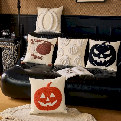 Halloween Cushion, Tufted Pumpkin Embroidery, Halloween Decorations
