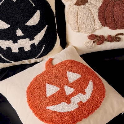 Halloween Cushion, Tufted Pumpkin Embroidery, Halloween Decorations