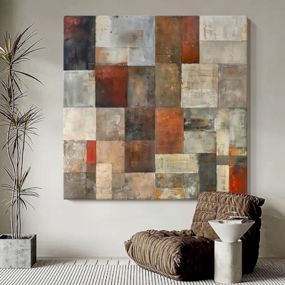 Tableau Décoratif ARCANA, Peinture à l’Huile Abstraite, Mosaïque Géométrique Patinée, Fait Main sur Mesure
