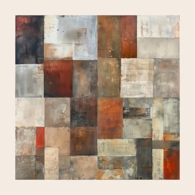 Tableau Décoratif ARCANA, Peinture à l’Huile Abstraite, Mosaïque Géométrique Patinée, Fait Main sur Mesure