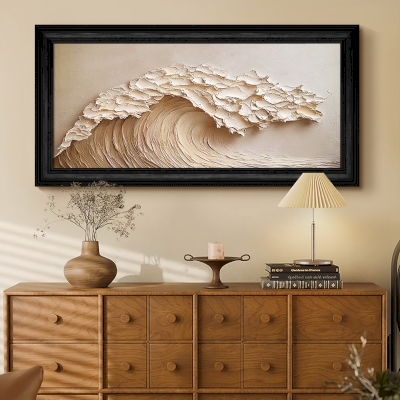 Tableau Décoratif ONDA, Peinture à l’Huile en Relief 3D, Vague en Empâtement Beige, Fait Main Sur Mesure