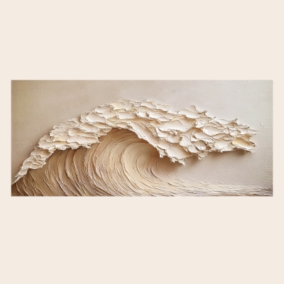 Tableau Décoratif ONDA, Peinture à l’Huile en Relief 3D, Vague en Empâtement Beige, Fait Main Sur Mesure