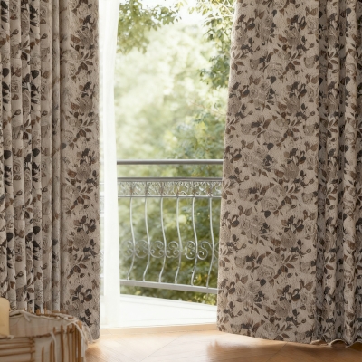 Rideau Sur Mesure ROSALIE, Tissu Jacquard Coton-Lin Mélangé, Motif Roses Vintage