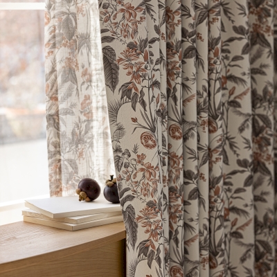 Rideau Sur Mesure VERGER, Tissu Chenille Imprimée, Motif Grenades et Feuillages aux Tons Automnaux