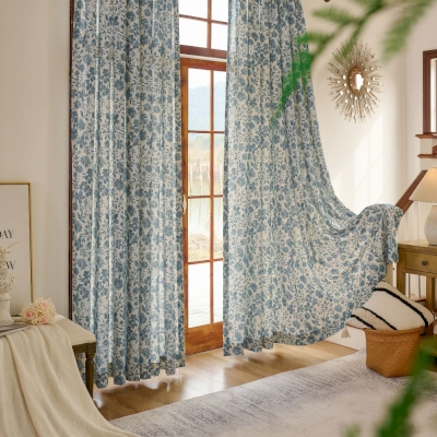 Rideau AVELINE, Tissu Lin et Polyester, Style Champêtre avec Motifs Floraux Bleus