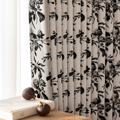 Rideau sur mesure SÉRÉNIA, Tissu Jacquard Chenille, Motif Roses Anciennes Noir