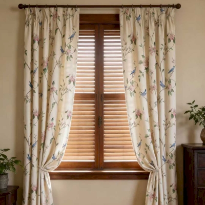 Rideau Sur Mesure FLORÉANE, Tissu Toucher Coton-Lin, Imprimé Fleurs & Oiseaux Fond Ivoire