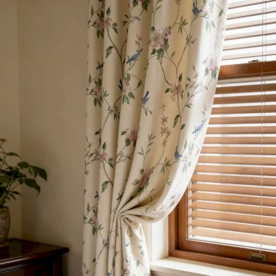 Rideau Sur Mesure FLORÉANE, Tissu Toucher Coton-Lin, Imprimé Fleurs & Oiseaux Fond Ivoire