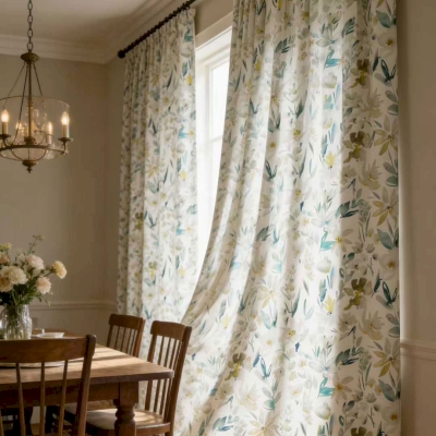 Rideau Sur Mesure ASTRÉLIA, Tissu Toucher Coton-Lin, Imprimé Floral Aérien Et Feuillage