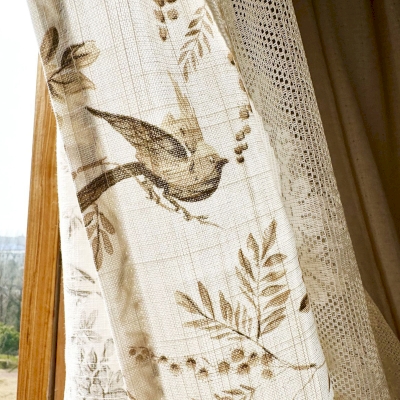 Rideau Brise-Bise Double Épaisseur, Tissu en Mélange Coton et Lin, Décor Oiseaux et Feuillage, Finition Pompons Contrastés