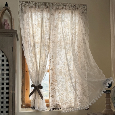 Rideau Brise-Bise Double Épaisseur, Tissu en Mélange Coton et Lin, Décor Oiseaux et Feuillage, Finition Pompons Contrastés