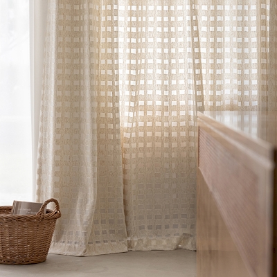 Voilage Sur Mesure LATTIA, Tissu Effet Lin, Motif Carrés Ajourés Graphiques