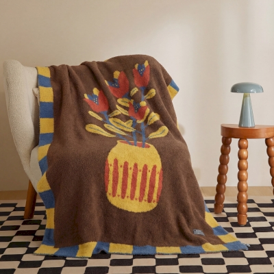 Plaid TALVIA, Tricot Jacquard Doux, Motif Floral Artistique Graphique, Bordure Damier Rétro, 130 × 160 cm