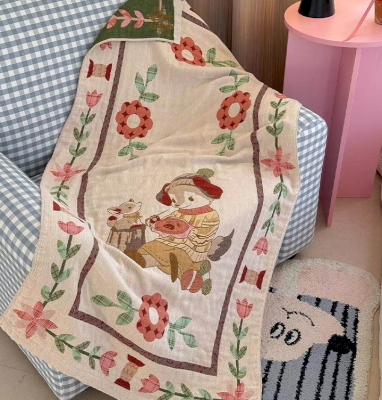 Plaid ATELIER, Tissu Jacquard Pur Coton, Motif Petits Animaux Champêtres, Esprit Rétro 75 x 150 cm