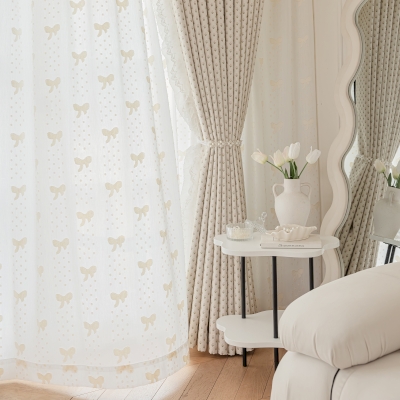 Voilage Sur Mesure LORINA, Jacquard Coton Lin Mélangé, Motif Nœuds et Pois Fantaisie