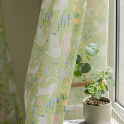 FELINA Cat Floral Print Linen-Look Custom Sheer Curtains