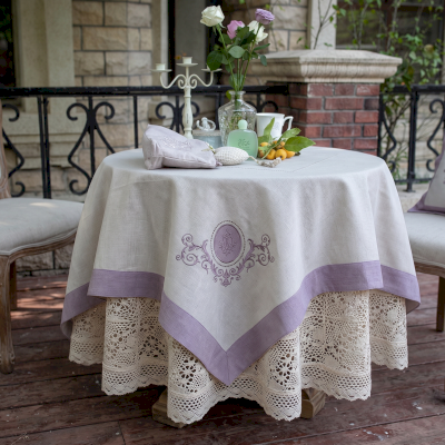 BRODÉLIA Tablecloth, Linen Effect Fabric, Elegant Lavender Medallion Embroidery