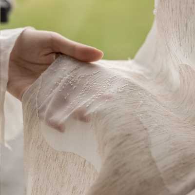 Voilage Sur Mesure NUAGELLE, Tissu Dévoré Effet Lin, Motif Nuages Abstraits Beige Naturel