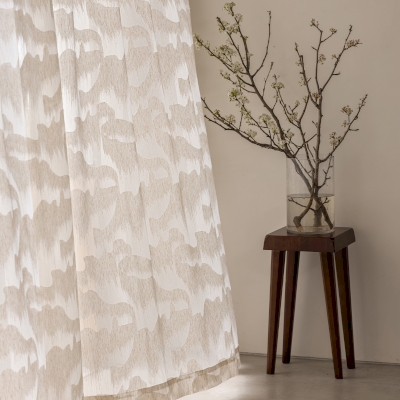 Voilage Sur Mesure NUAGELLE, Tissu Dévoré Effet Lin, Motif Nuages Abstraits Beige Naturel