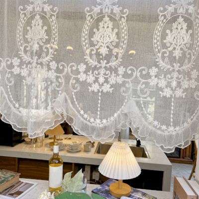 Embroidered Cafe Curtain, Cotton and Polyester Fabric, Baroque Medallions, Lace Ruffle and Beaded Border